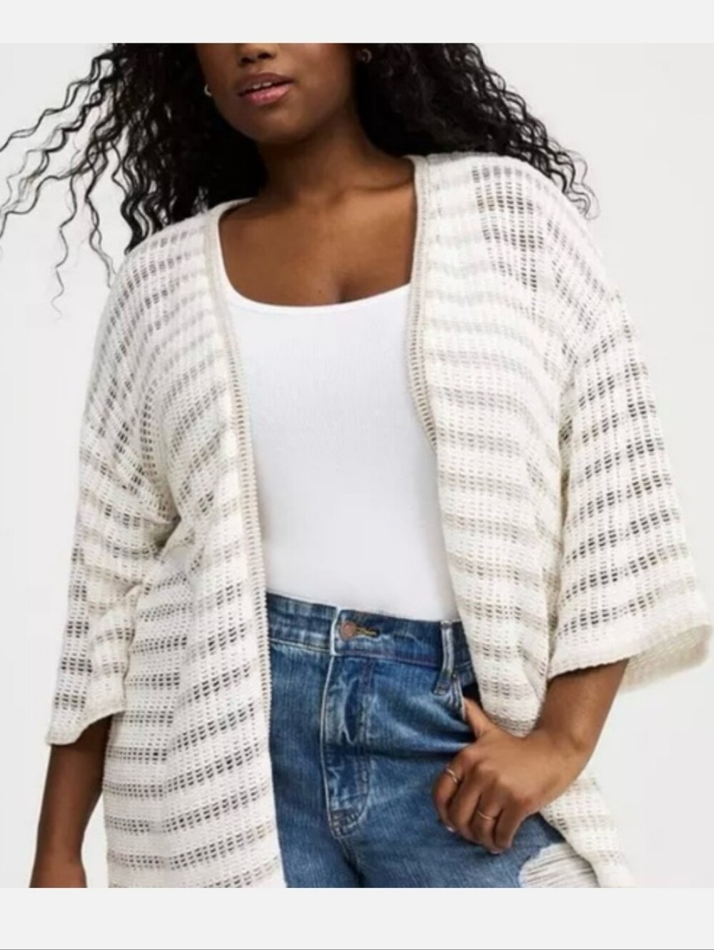 Torrid Open-Knit Cream & Tan Sweater Cardigan